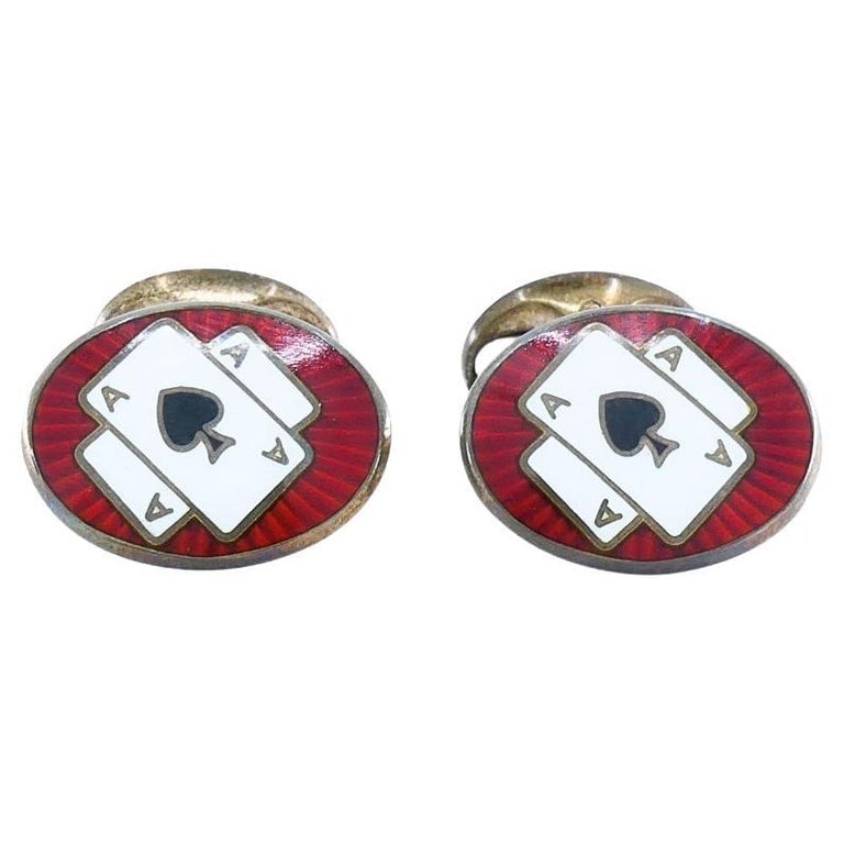 Deakin & Francis Silver Cufflinks Enamel Ace of Spades: Title: Deakin & Francis Silver Cufflinks Enamel Ace of Spades Description: A pair of Deakin and Francis silver cufflinks, featuring enamel. A classic oval shape vintage cufflinks with two playing card