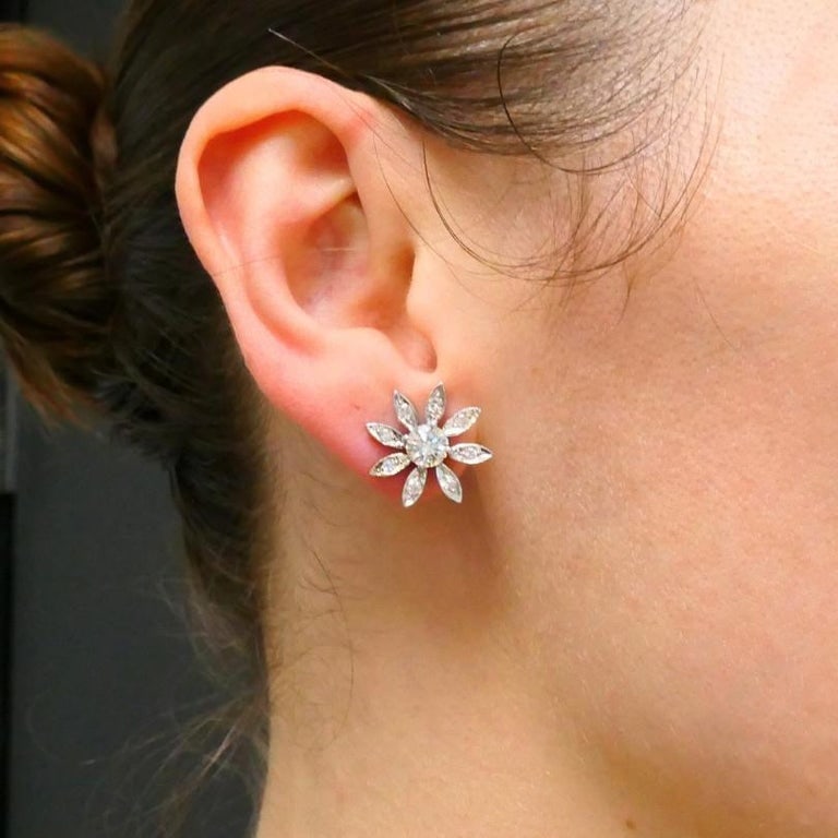 Diamond Floral Stud Earrings 14k Gold Estate Jewelry - 2