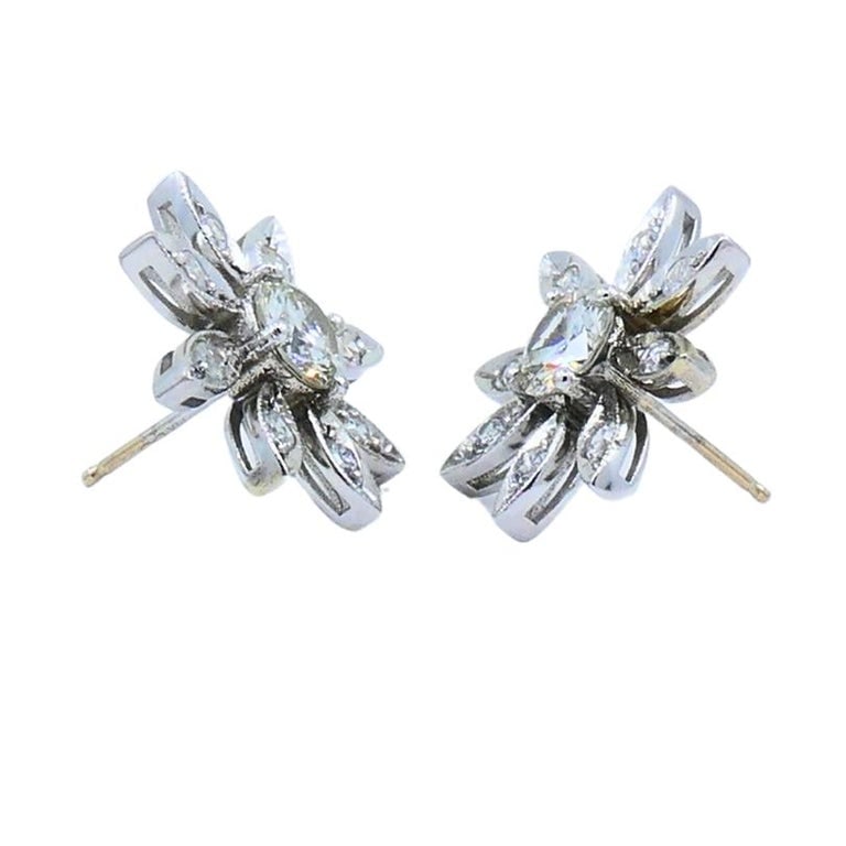 Diamond Floral Stud Earrings 14k Gold Estate Jewelry - 4
