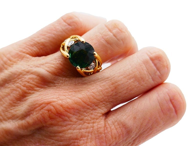 Vintage Green Tourmaline Diamond 18k Yellow Gold Ring French Signed BJ - 2
