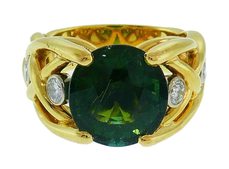 Vintage Green Tourmaline Diamond 18k Yellow Gold Ring French Signed BJ - 3