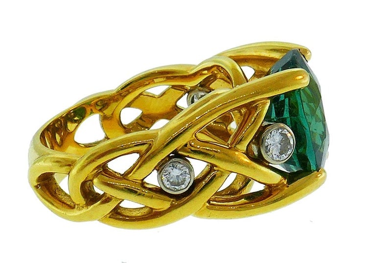 Vintage Green Tourmaline Diamond 18k Yellow Gold Ring French Signed BJ - 4