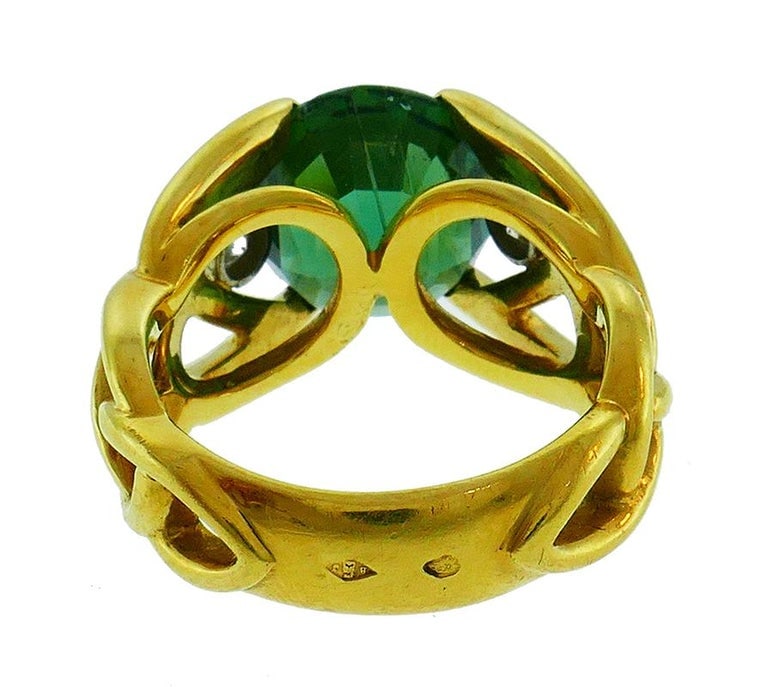 Vintage Green Tourmaline Diamond 18k Yellow Gold Ring French Signed BJ - 5