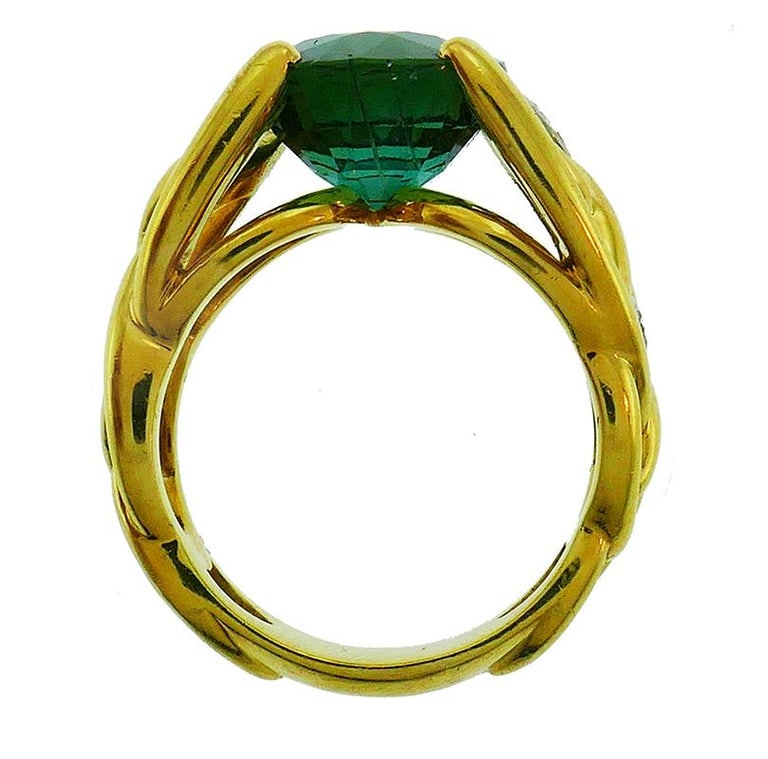 Vintage Green Tourmaline Diamond 18k Yellow Gold Ring French Signed BJ - 6