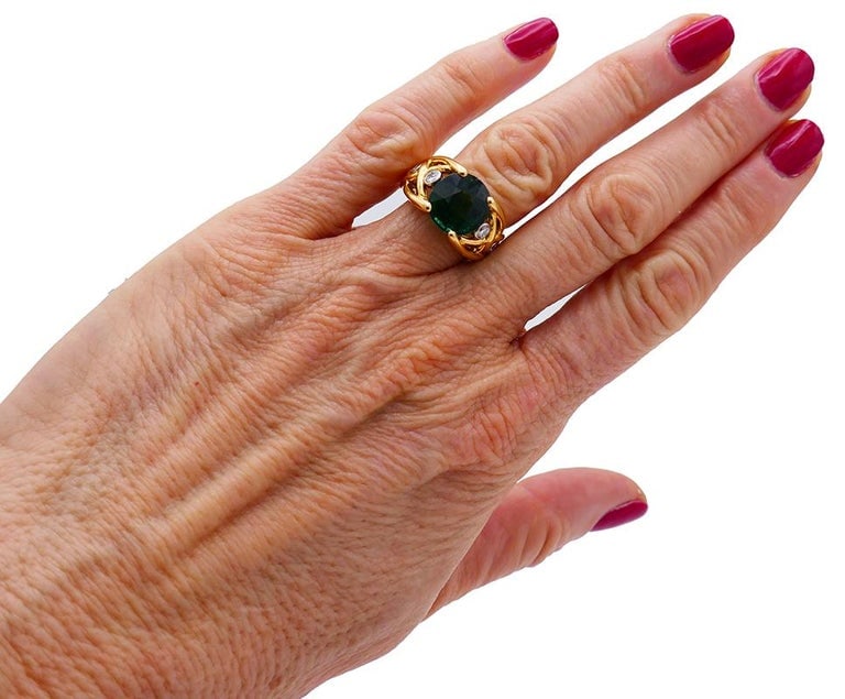 Vintage Green Tourmaline Diamond 18k Yellow Gold Ring French Signed BJ - 8