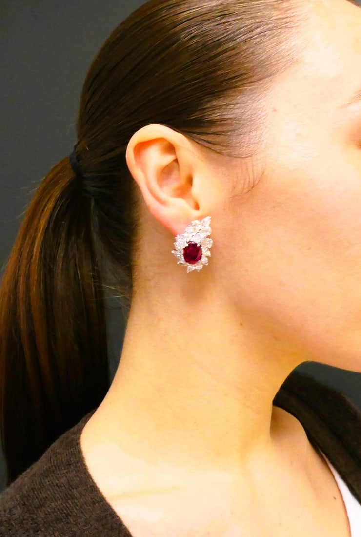 Ruby Earrings Cluster Diamond 18k Gold Mozambique Certified - 2
