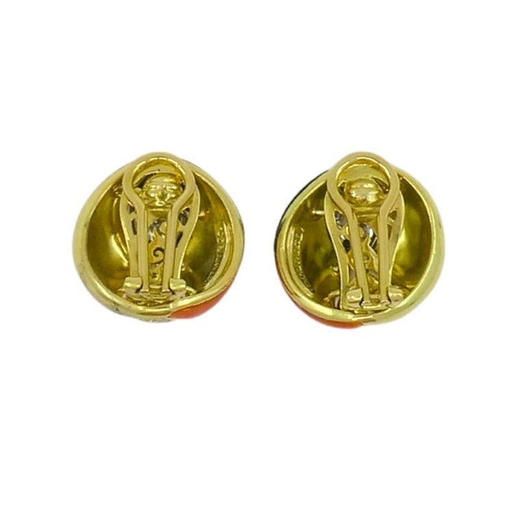 Vintage Tiffany & Co. Coral Onyx Earrings Diamond Gold Estate Jewelry - 4
