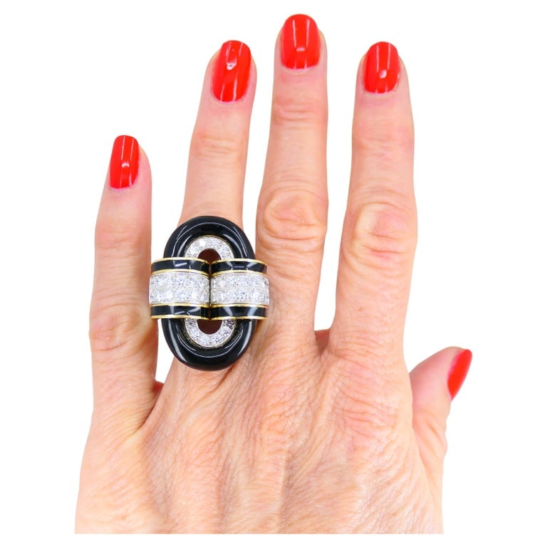 David Webb Ring Diamond Gold Black Enamel Vintage Estate Jewelry - 2