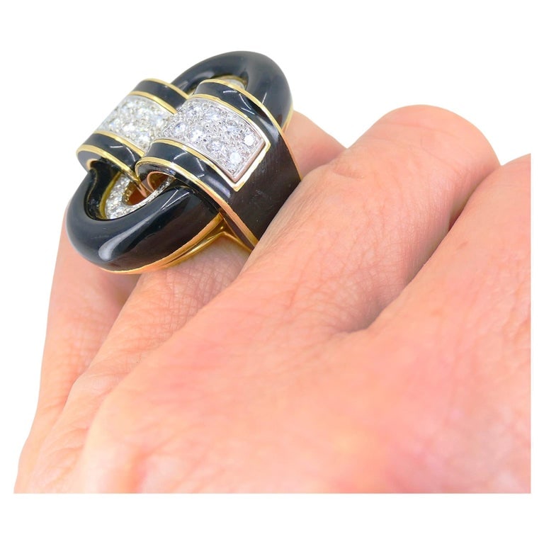 David Webb Ring Diamond Gold Black Enamel Vintage Estate Jewelry - 3