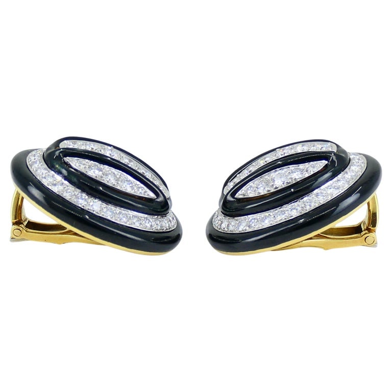 David Webb Enamel Earrings 18k Gold Platinum Diamond Vintage Estate Jewelry - 5