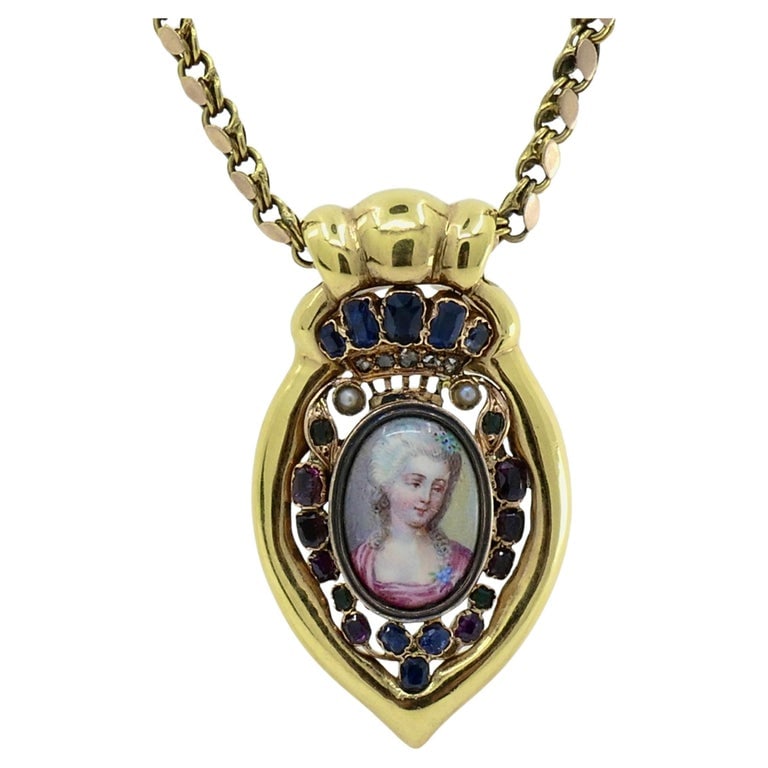 Antique Portrait Miniature Pendant and 14k Gold Chain Necklace - 12