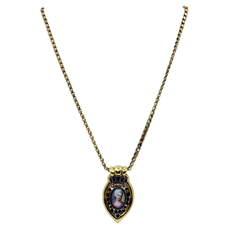 Antique Portrait Miniature Pendant and 14k Gold Chain Necklace: Title: Antique Portrait Miniature Pendant and 14k Gold Chain Necklace Description: Materials: 14K Gold Chain, 18K Gold Pendant Weight: Chain - 12.6 grams; Pendant - 15.9 grams Gemstone: Blue Color Sto