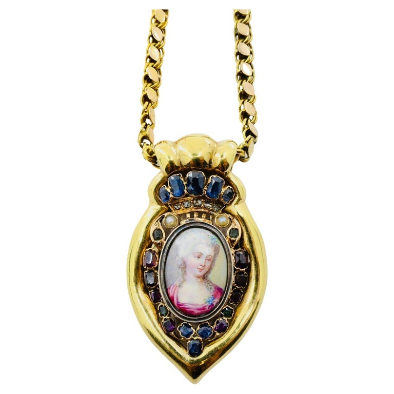Antique Portrait Miniature Pendant and 14k Gold Chain Necklace - 3