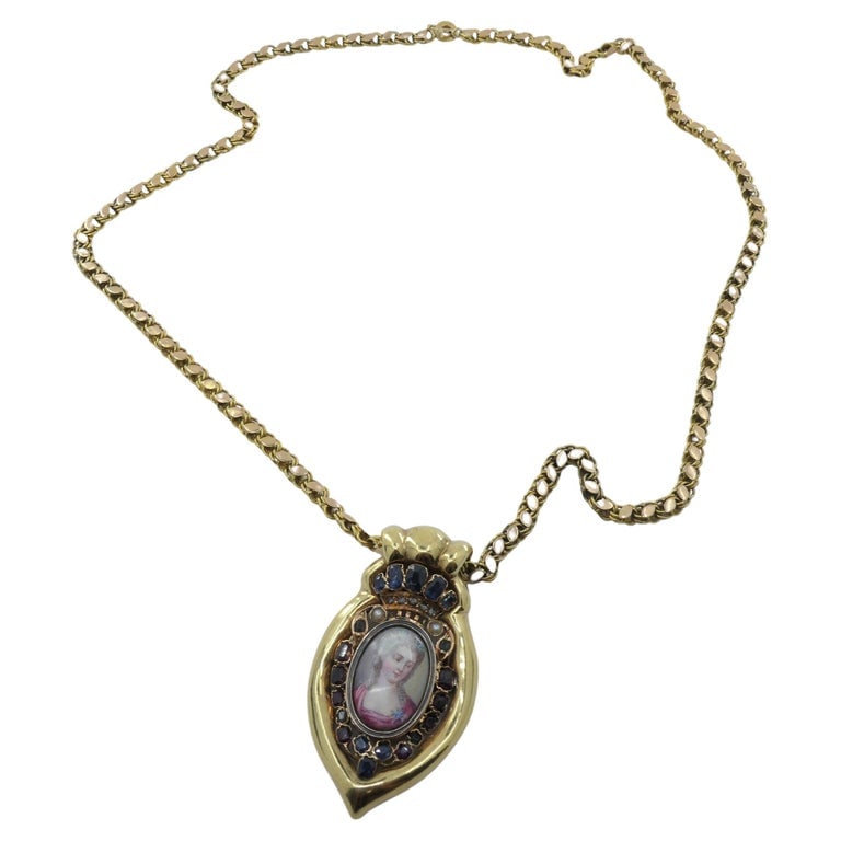 Antique Portrait Miniature Pendant and 14k Gold Chain Necklace - 4