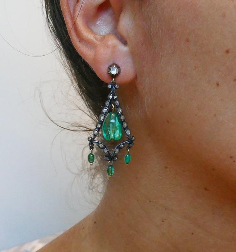 Georgian Emerald Silver 10k Gold Dangle Earrings Antique - 2