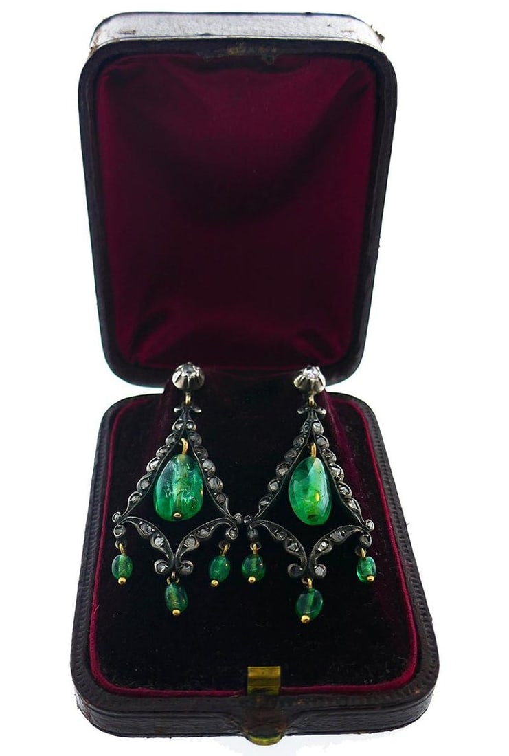 Georgian Emerald Silver 10k Gold Dangle Earrings Antique - 3