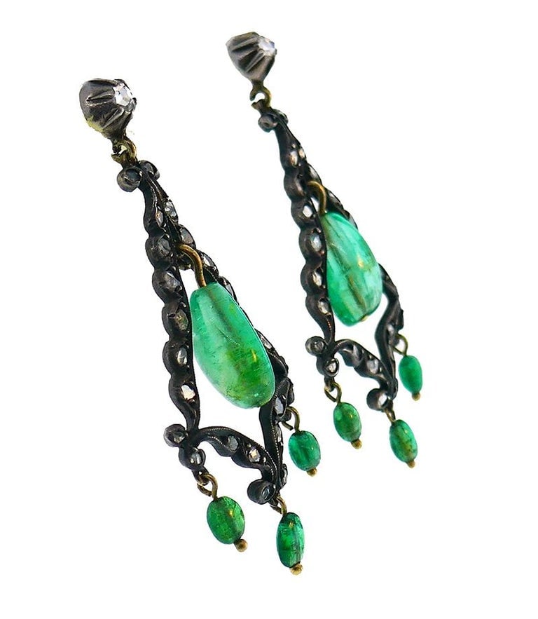 Georgian Emerald Silver 10k Gold Dangle Earrings Antique - 4