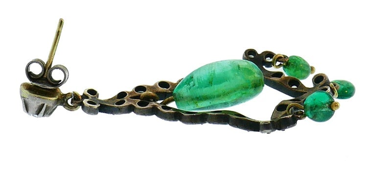 Georgian Emerald Silver 10k Gold Dangle Earrings Antique - 5