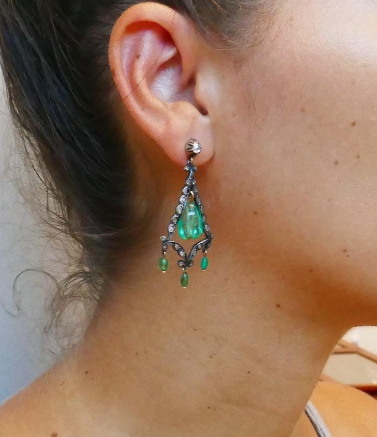 Georgian Emerald Silver 10k Gold Dangle Earrings Antique - 7