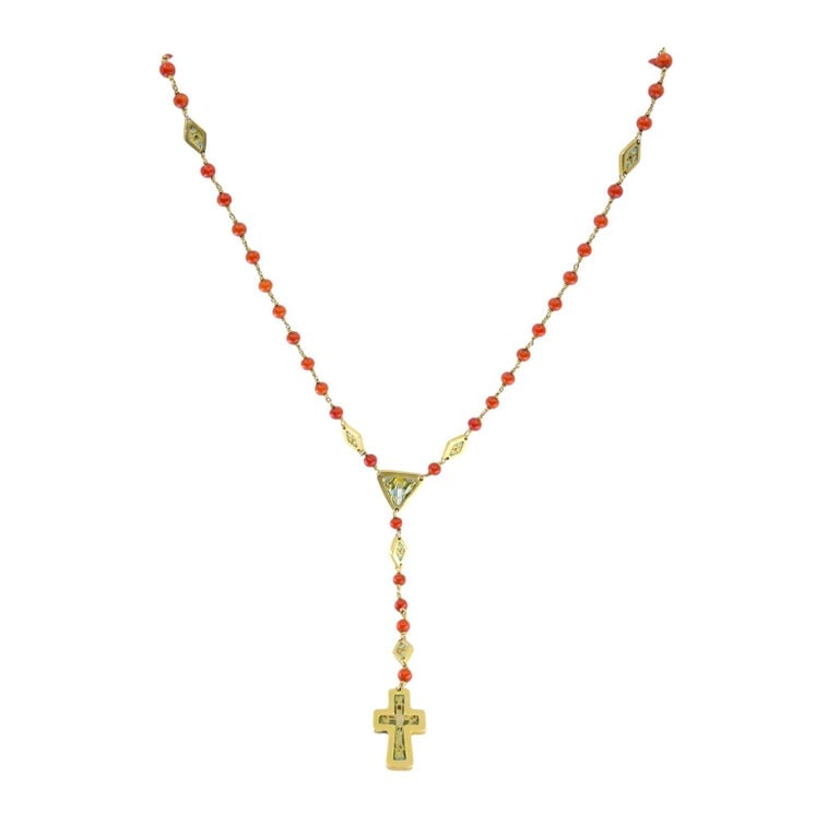 1930s Italian 18k Gold Coral Enamel Rosary - 2