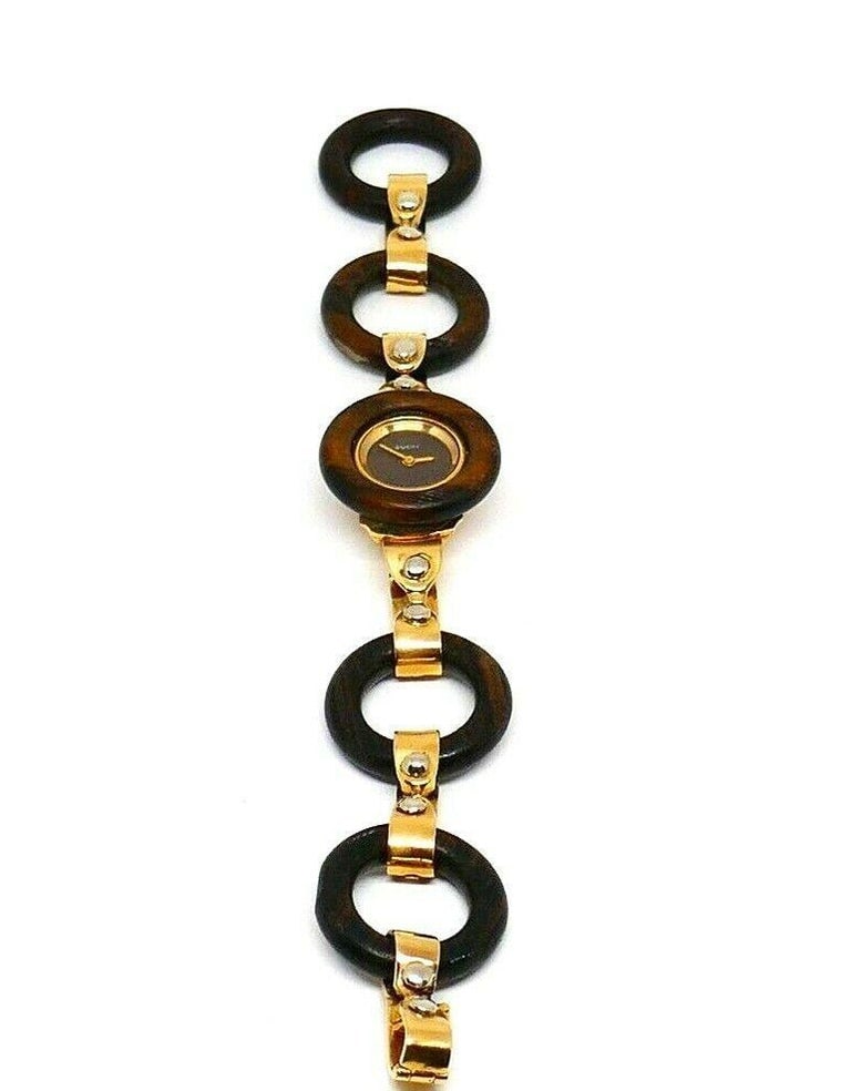 Vintage Gucci Yellow Gold Wood Circle Link Bracelet Watch - 2