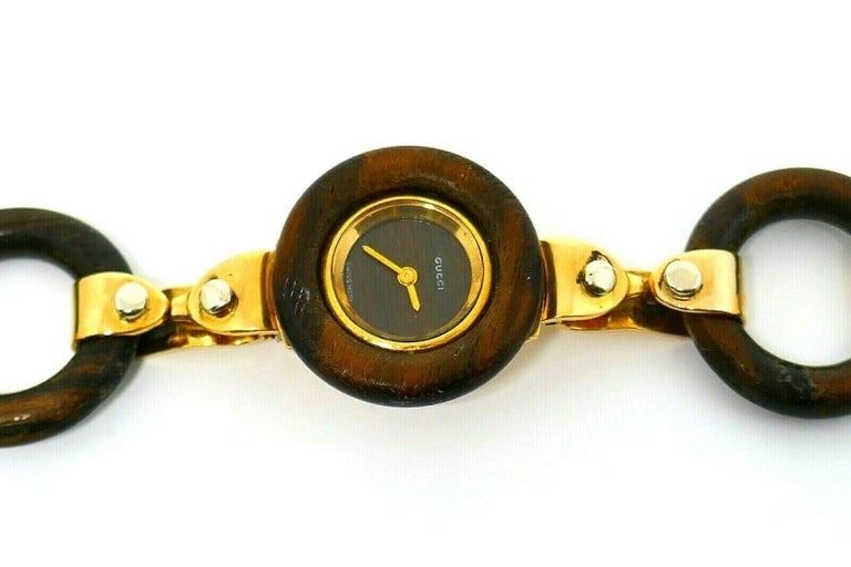 Vintage Gucci Yellow Gold Wood Circle Link Bracelet Watch - 3