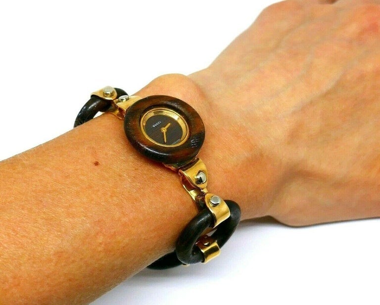 Vintage Gucci Yellow Gold Wood Circle Link Bracelet Watch - 6
