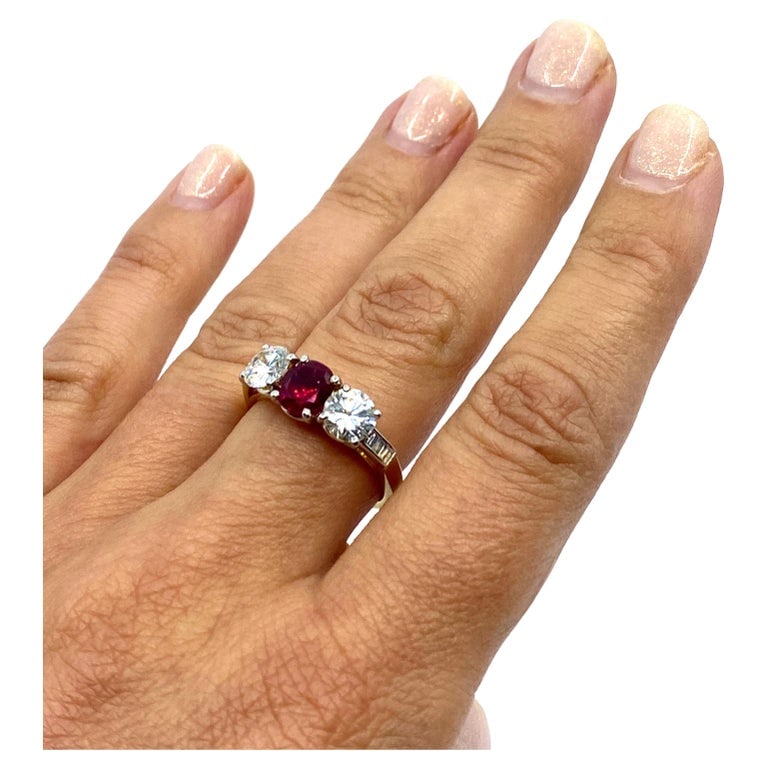 Vintage Three Stone Ring Gold Ruby and Diamond Engagement - 2