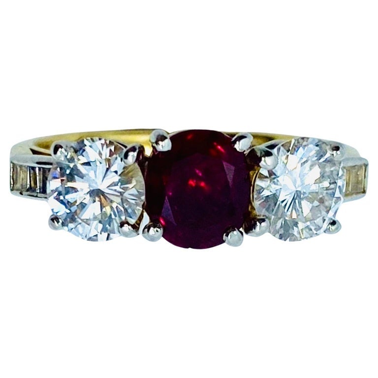 Vintage Three Stone Ring Gold Ruby and Diamond Engagement - 8