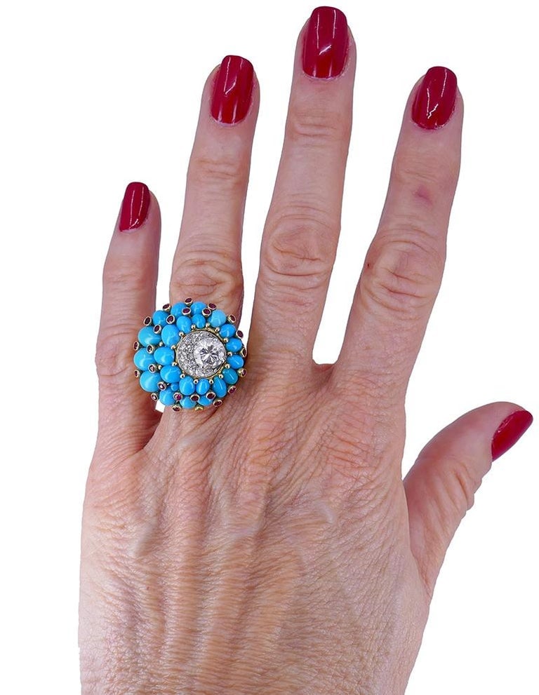 Retro Horovitz Alexandrie Turquoise Ring Ruby Diamond 18k Gold Vintage Jewelry - 11