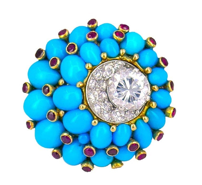 Retro Horovitz Alexandrie Turquoise Ring Ruby Diamond 18k Gold Vintage Jewelry (1 of 11)