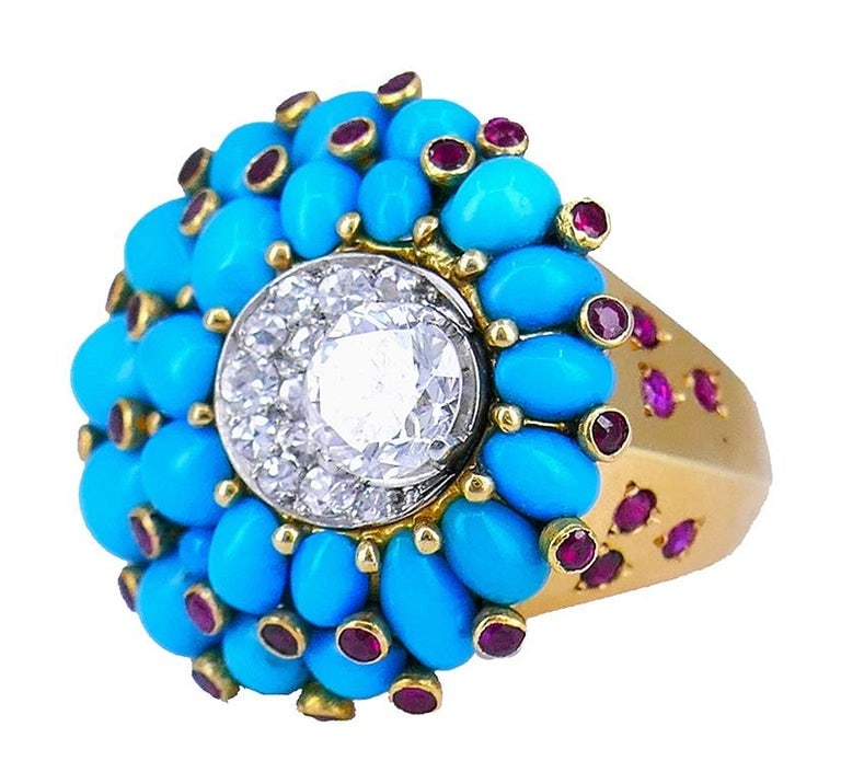 Retro Horovitz Alexandrie Turquoise Ring Ruby Diamond 18k Gold Vintage Jewelry - 2
