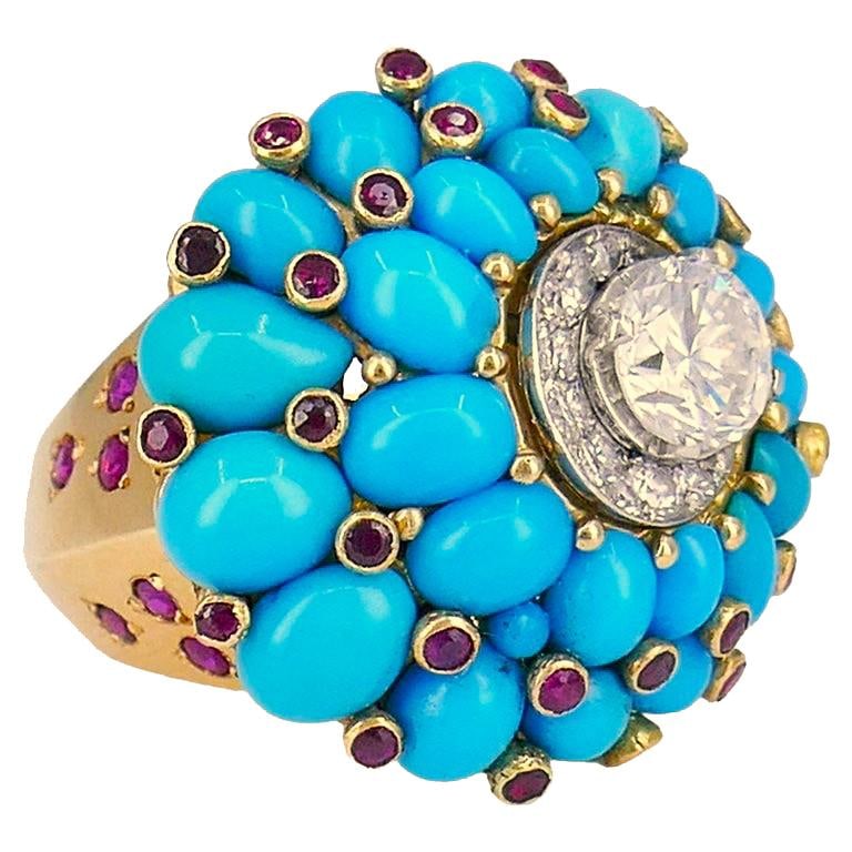 Retro Horovitz Alexandrie Turquoise Ring Ruby Diamond 18k Gold Vintage Jewelry - 3