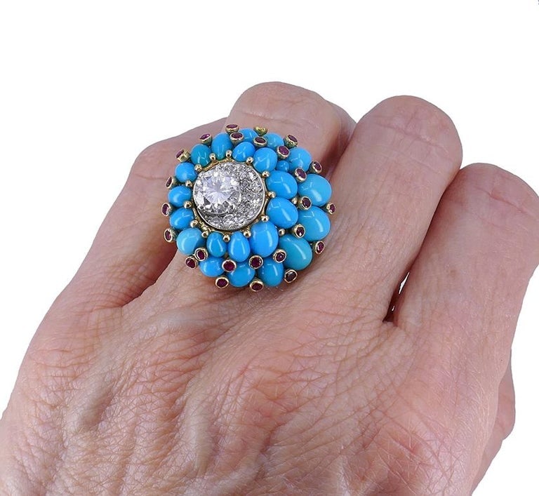 Retro Horovitz Alexandrie Turquoise Ring Ruby Diamond 18k Gold Vintage Jewelry - 4