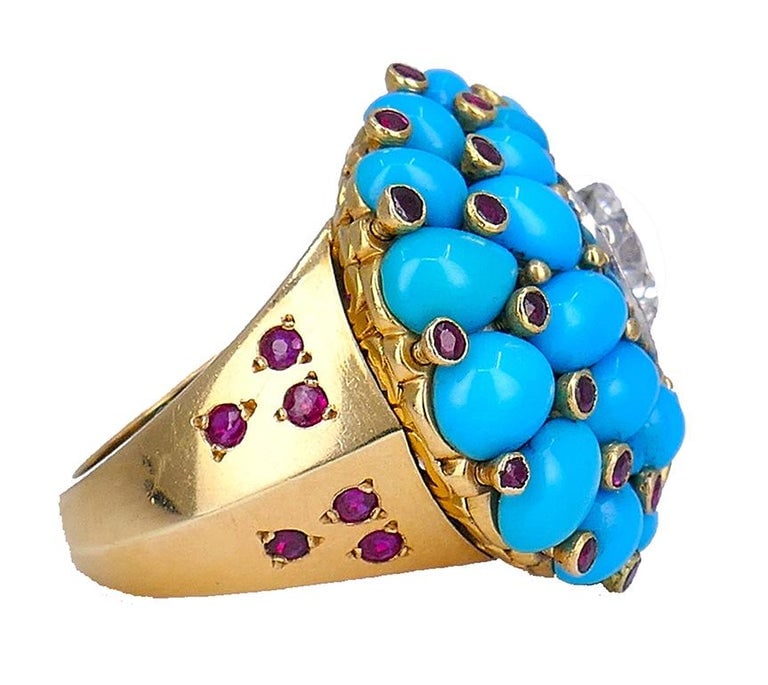 Retro Horovitz Alexandrie Turquoise Ring Ruby Diamond 18k Gold Vintage Jewelry - 6