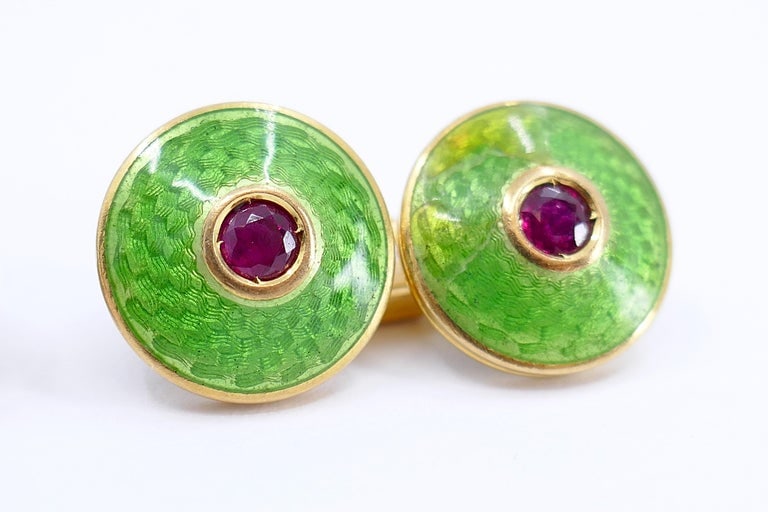 French Guilloche Enamel Ruby Cuff links - 2