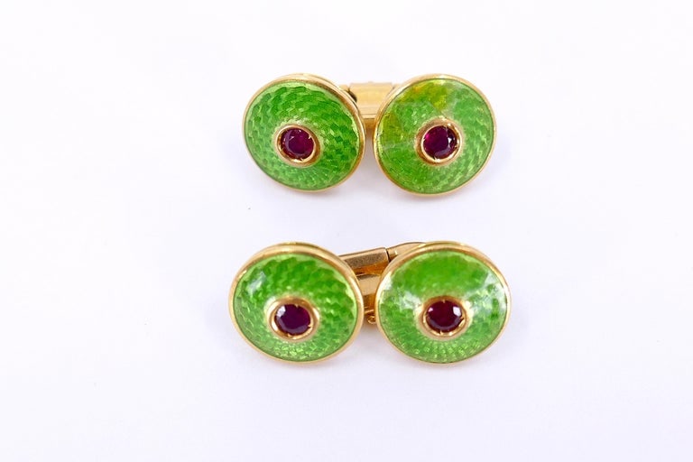 French Guilloche Enamel Ruby Cuff links - 4