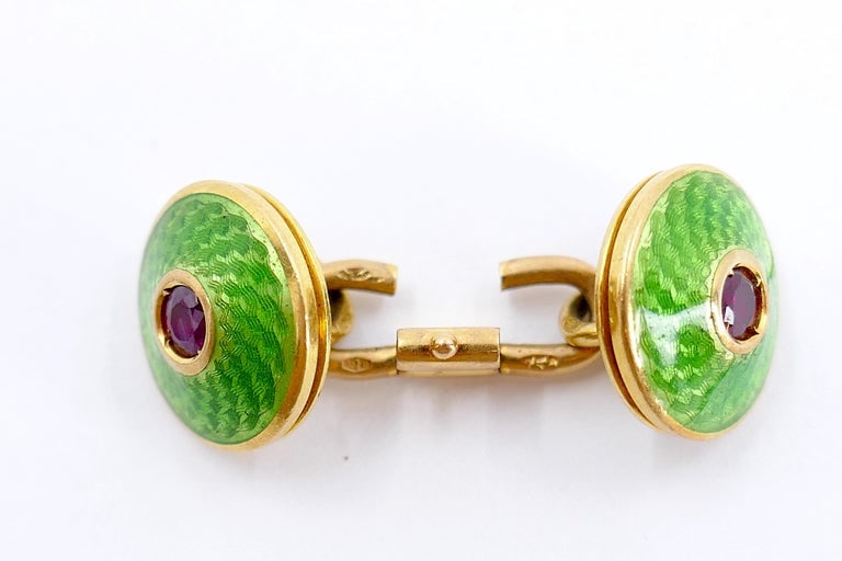 French Guilloche Enamel Ruby Cuff links - 7