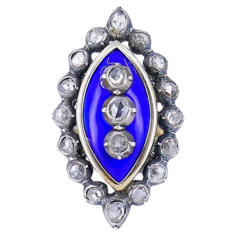 Victorian Ring Silver 18k Gold Enamel Diamond Antique Estate Jewelry: Title: Victorian Ring Silver 18k Gold Enamel Diamond Antique Estate Jewelry Description: A gorgeous Victorian ring, made of silver and 18k gold, features enamel and diamond. The ring has striking desi