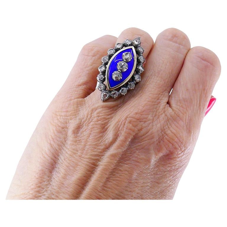 Victorian Ring Silver 18k Gold Enamel Diamond Antique Estate Jewelry - 2