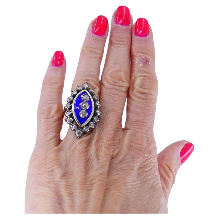 Victorian Ring Silver 18k Gold Enamel Diamond Antique Estate Jewelry - 6