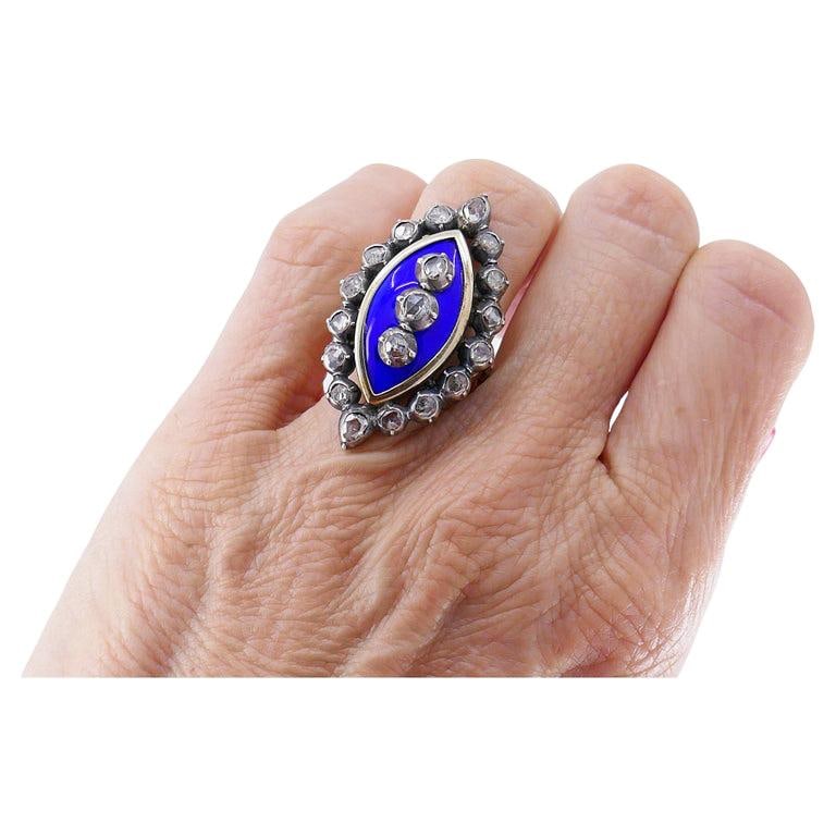 Victorian Ring Silver 18k Gold Enamel Diamond Antique Estate Jewelry - 7