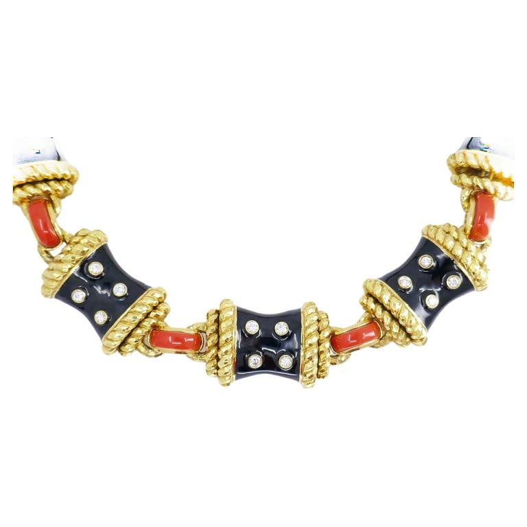 David Webb Gold Necklace Black Enamel Diamond Coral Stud Estate Jewelry - 3