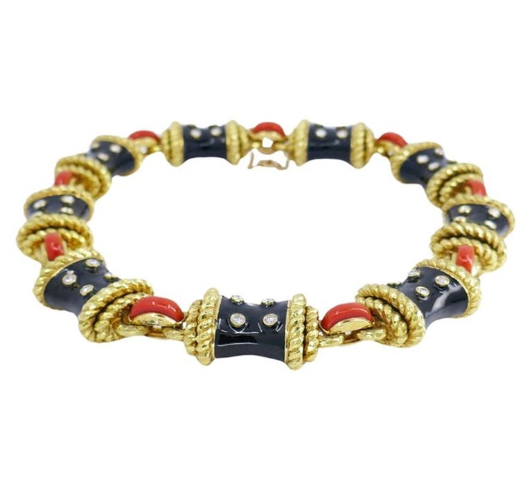 David Webb Gold Necklace Black Enamel Diamond Coral Stud Estate Jewelry - 8