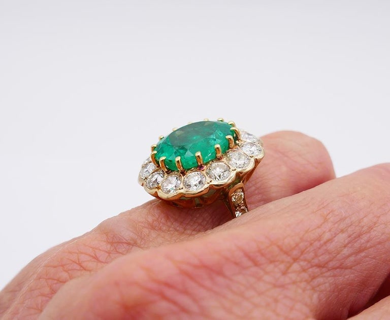 Vintage Ring 18k Gold Colombian Emerald GRS Report Diamond Cocktail French - 10