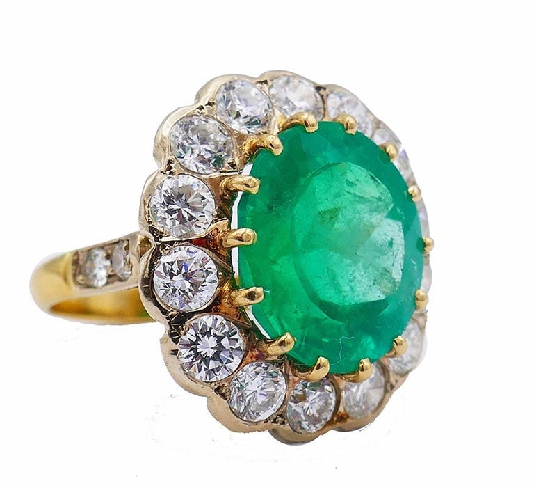 Vintage Ring 18k Gold Colombian Emerald GRS Report Diamond Cocktail French - 4
