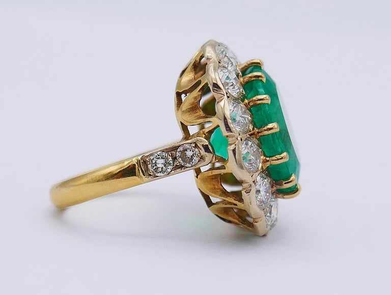 Vintage Ring 18k Gold Colombian Emerald GRS Report Diamond Cocktail French - 5