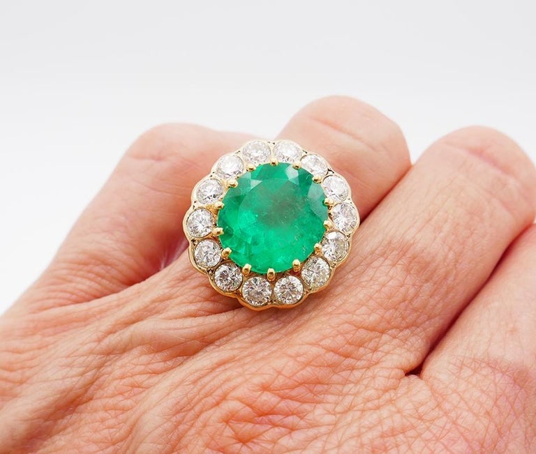 Vintage Ring 18k Gold Colombian Emerald GRS Report Diamond Cocktail French - 9