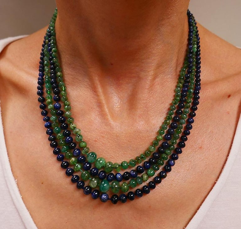 Art Deco Necklace Emerald Sapphire Bead with Diamond Opal Platinum Clasp - 2