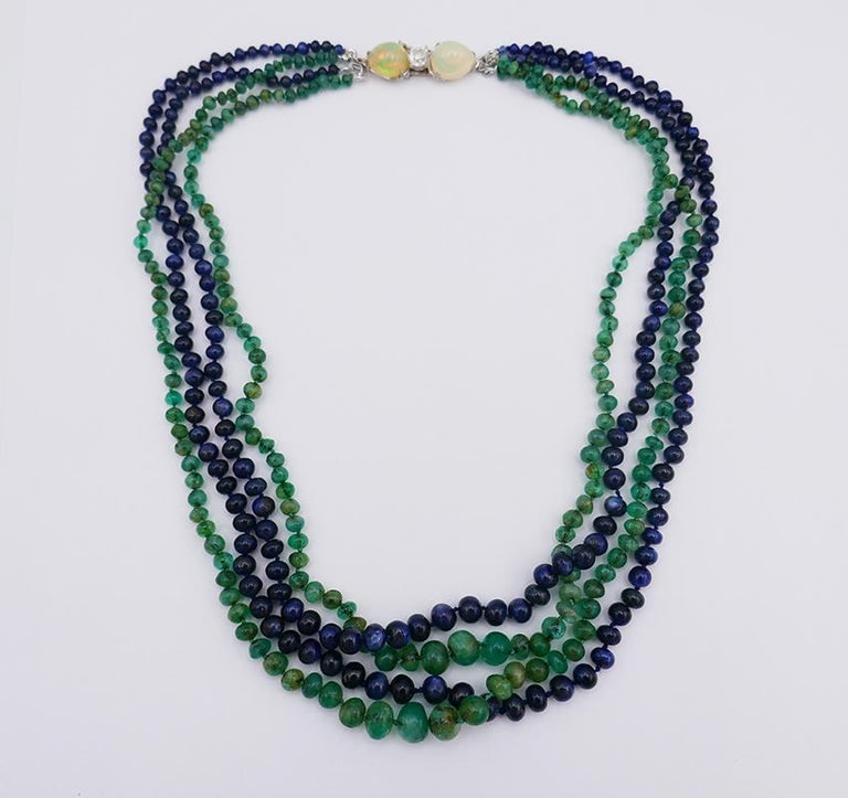 Art Deco Necklace Emerald Sapphire Bead with Diamond Opal Platinum Clasp - 3